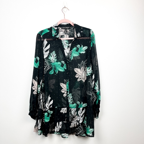 Love & Legend Black White & Green Long Sleeve Sheer Button-Up Blouse - Picture 1 of 10